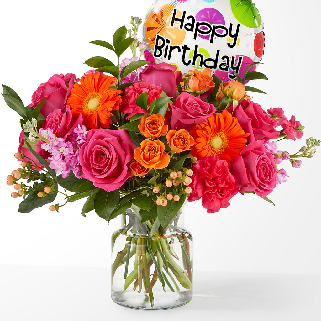 Fiesta Bouquet with Birthday Balloon – All About Flowers, Bellingham WA