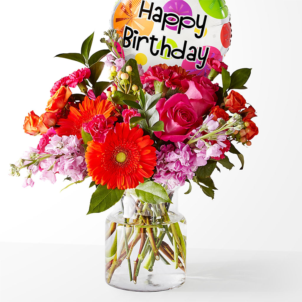 Fiesta Bouquet with Birthday Balloon – All About Flowers, Bellingham WA