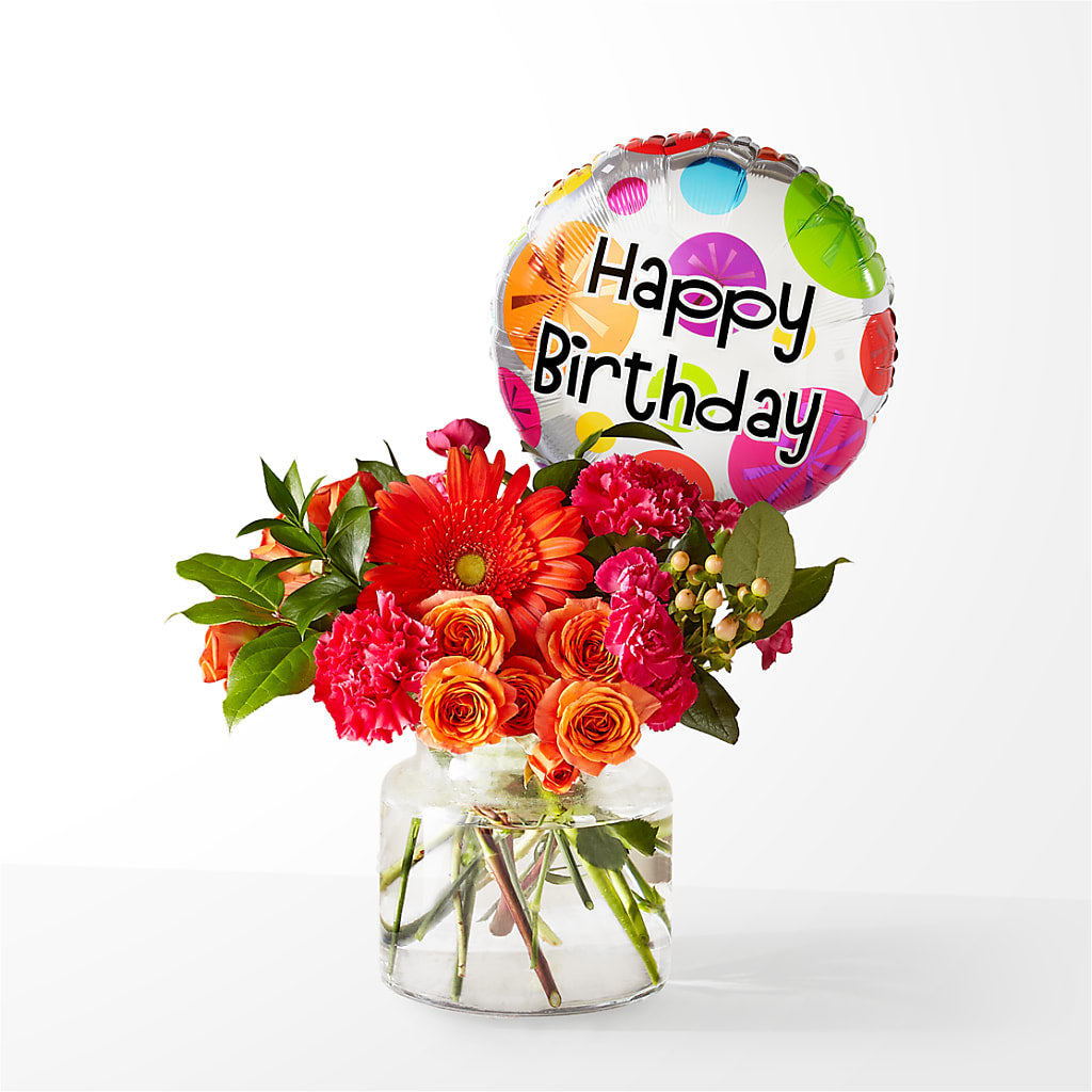 Fiesta Bouquet with Birthday Balloon – All About Flowers, Bellingham WA