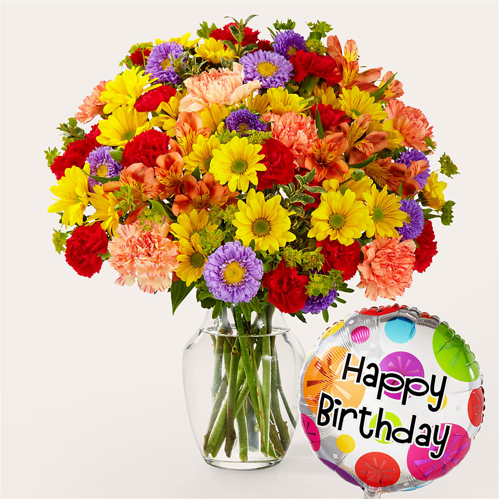 Kaleidoscope Bouquet with Birthday Balloon – All About Flowers, Bellingham WA