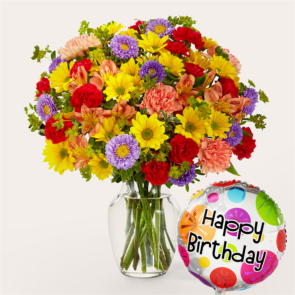 Kaleidoscope Bouquet with Birthday Balloon – All About Flowers, Bellingham WA