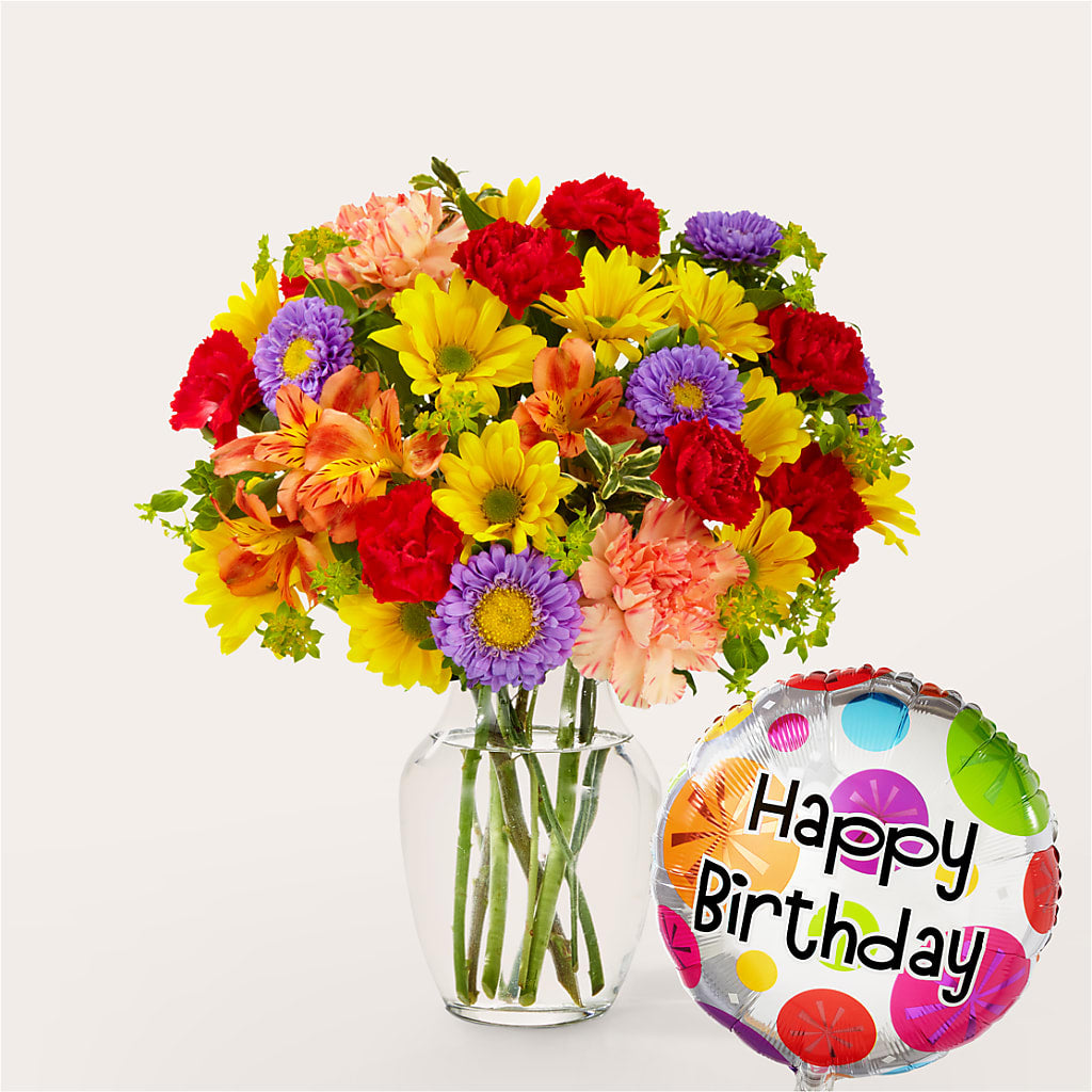 Kaleidoscope Bouquet with Birthday Balloon – All About Flowers, Bellingham WA