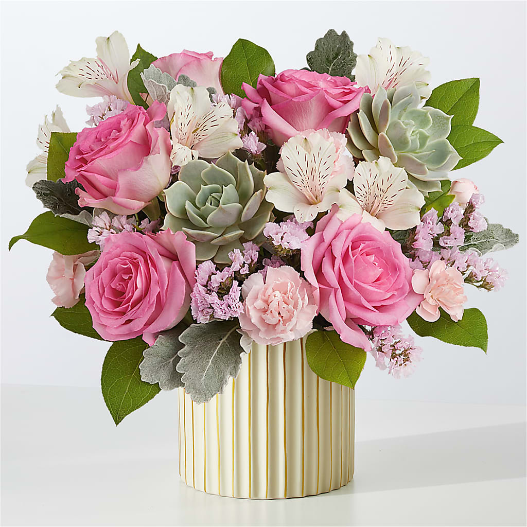 Dusty Rose Bouquet with Ivory Vase – All About Flowers, Bellingham WA