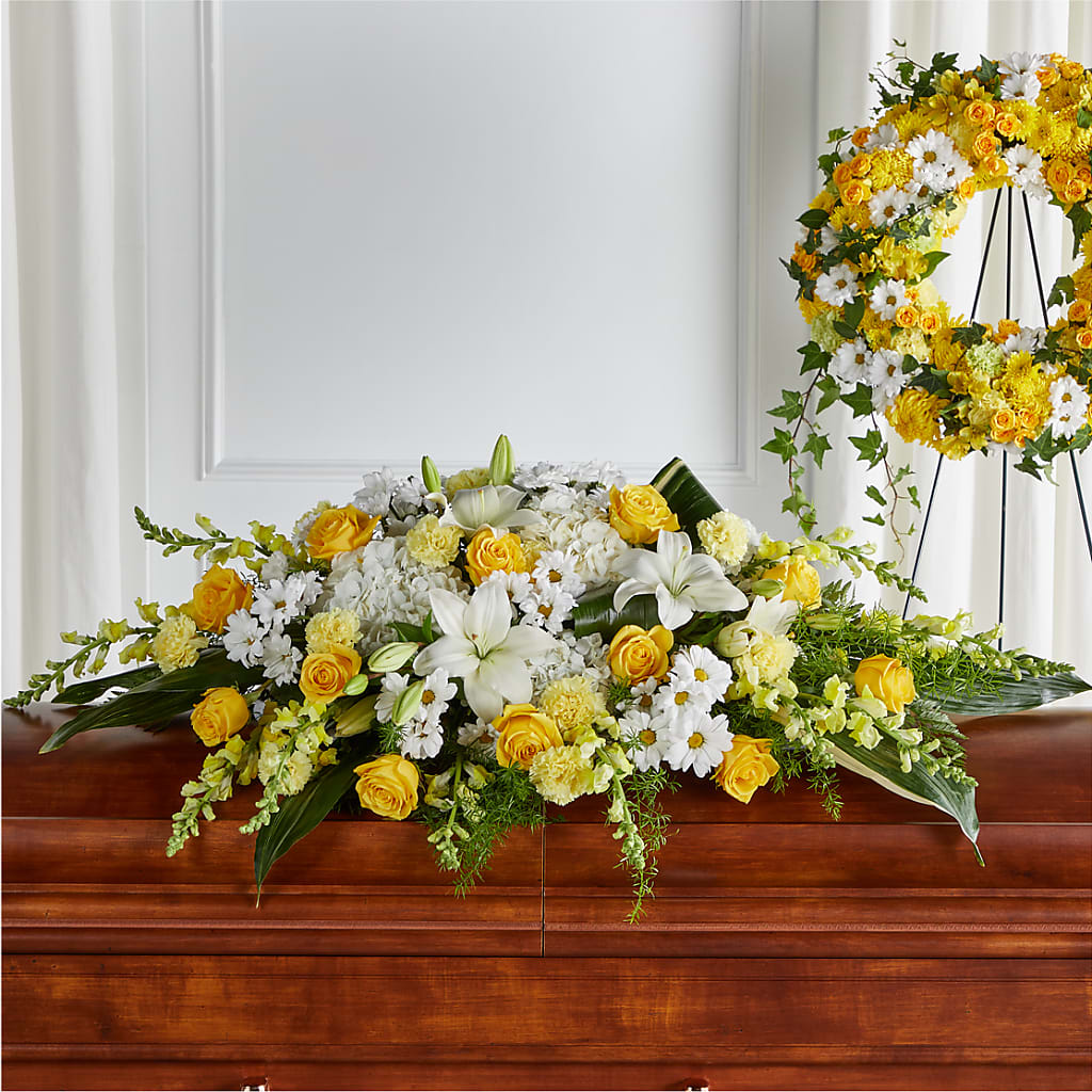 Golden Harmony Casket Spray – All About Flowers, Bellingham WA