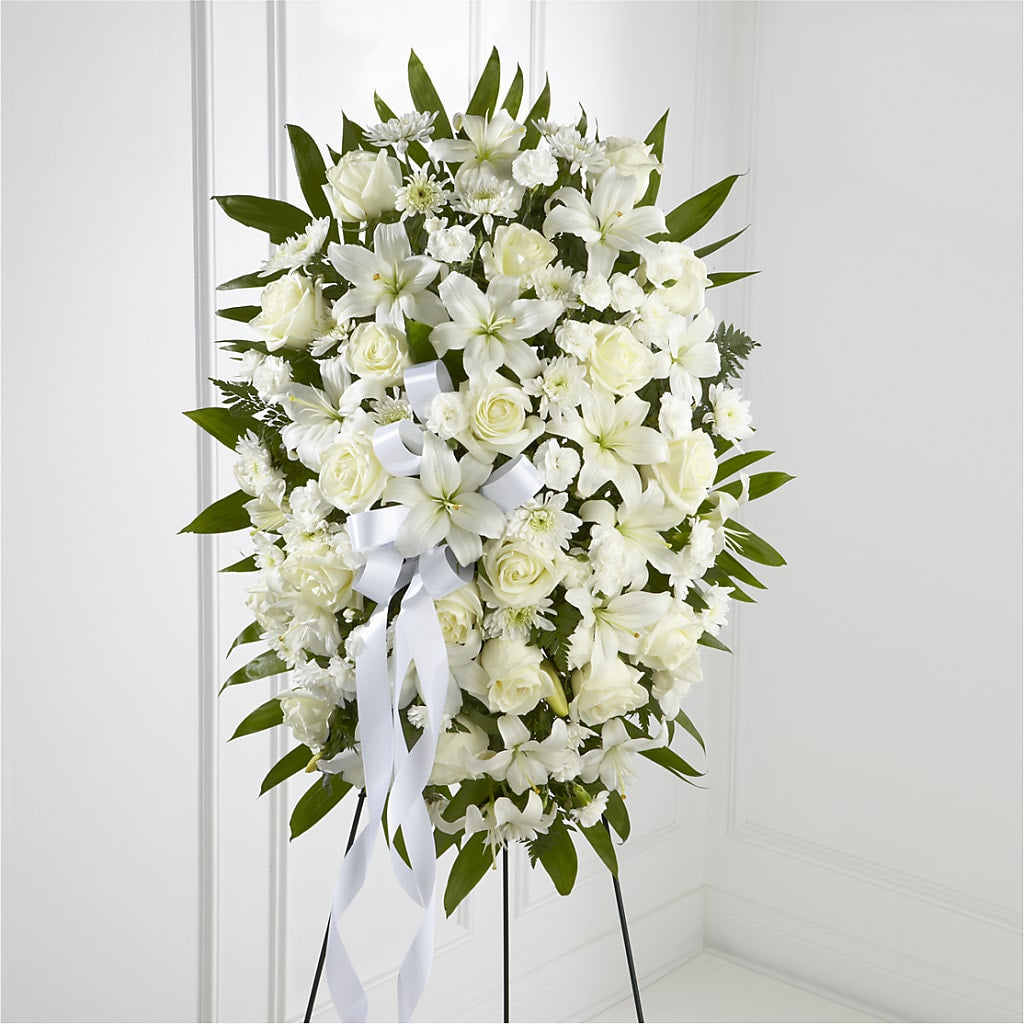Exquisite Tribute Standing Spray-White Ribbon – All About Flowers, Bellingham WA