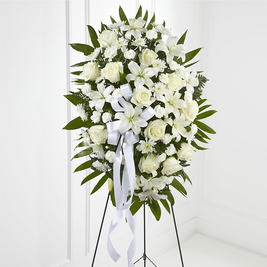 Exquisite Tribute Standing Spray-White Ribbon – All About Flowers, Bellingham WA