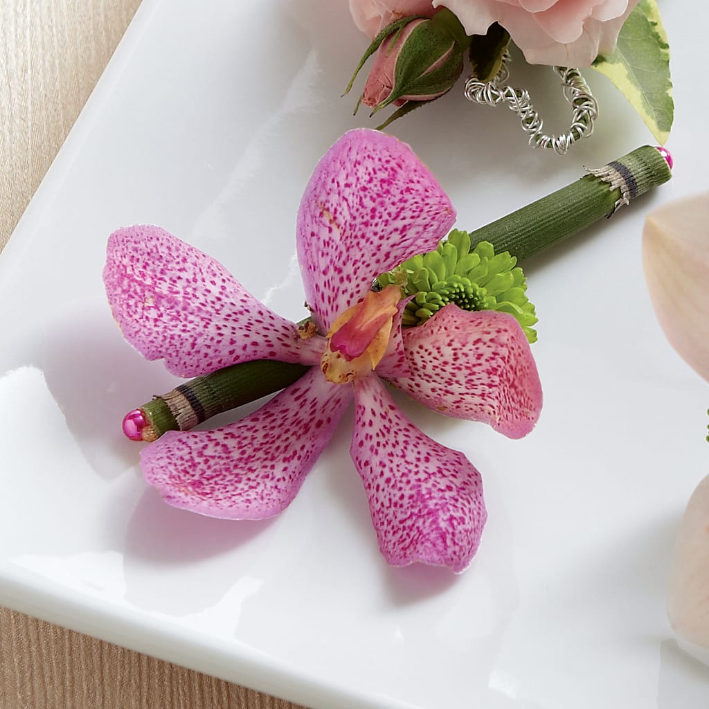 Pink Mokara Boutonniere – All About Flowers, Bellingham WA
