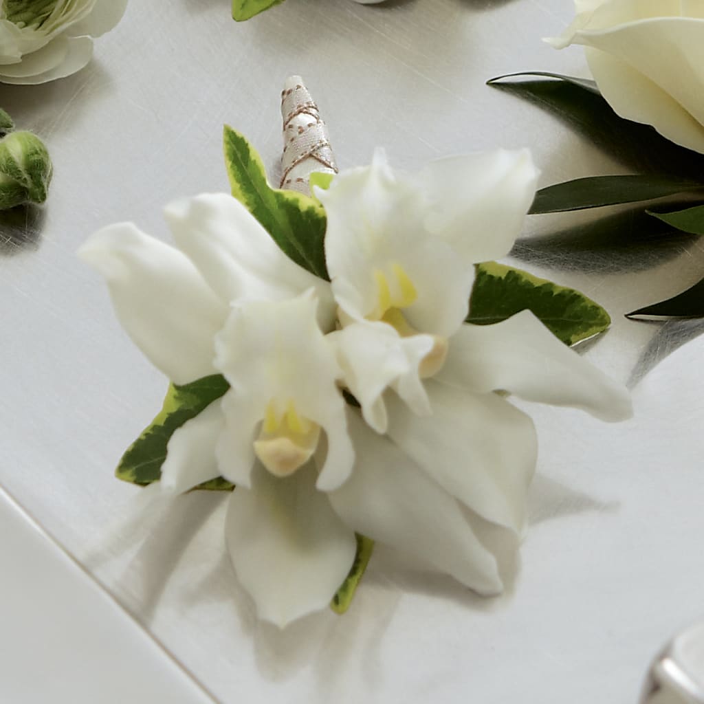 White Mini Cymbidium Boutonniere – All About Flowers, Bellingham WA