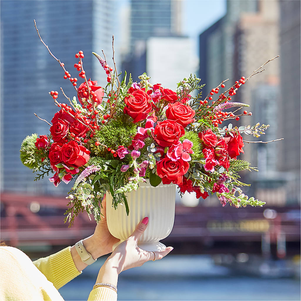 Big Red Bow Bouquet –  All About Flowers, Bellingham WA