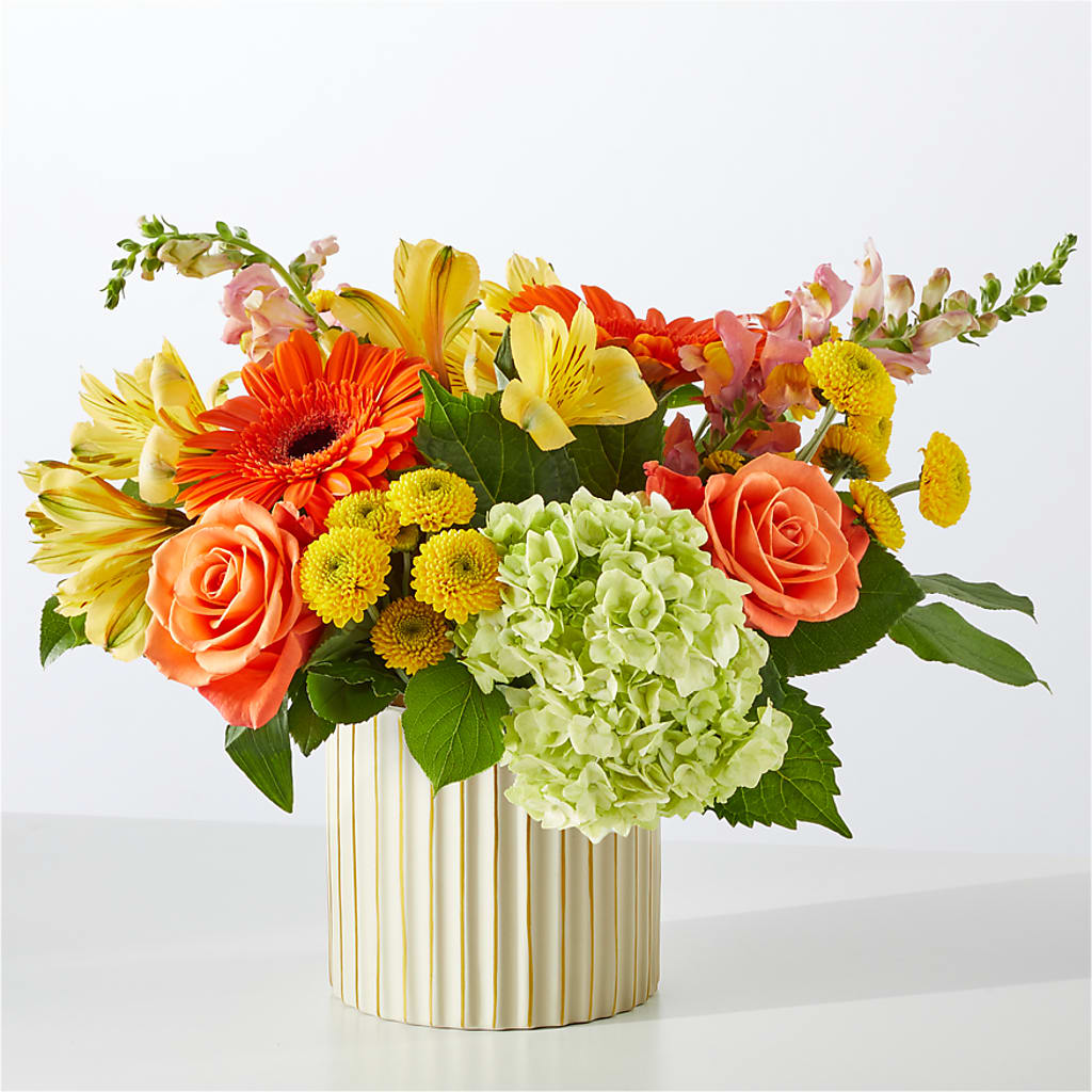 Autumn Sunshine Bouquet with Ivory Vase –  All About Flowers, Bellingham WA