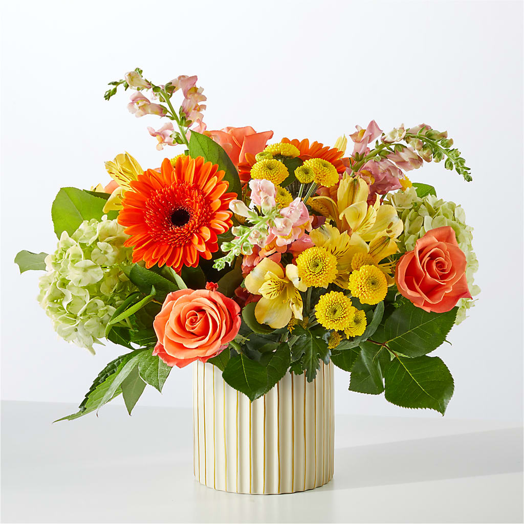 Autumn Sunshine Bouquet with Ivory Vase –  All About Flowers, Bellingham WA